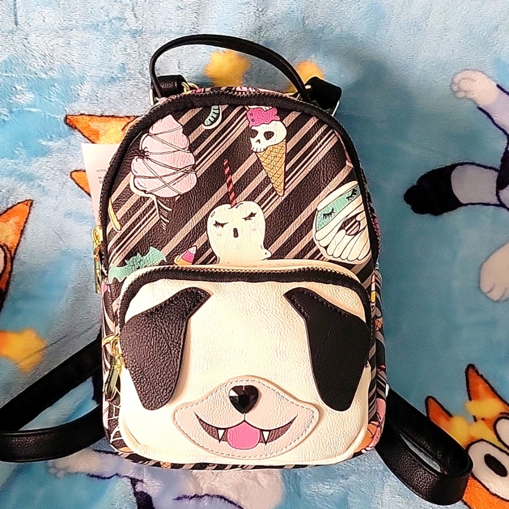 Betsy Johnson Black Print Dracula Puppy Treats Kitsch Mini Backpack